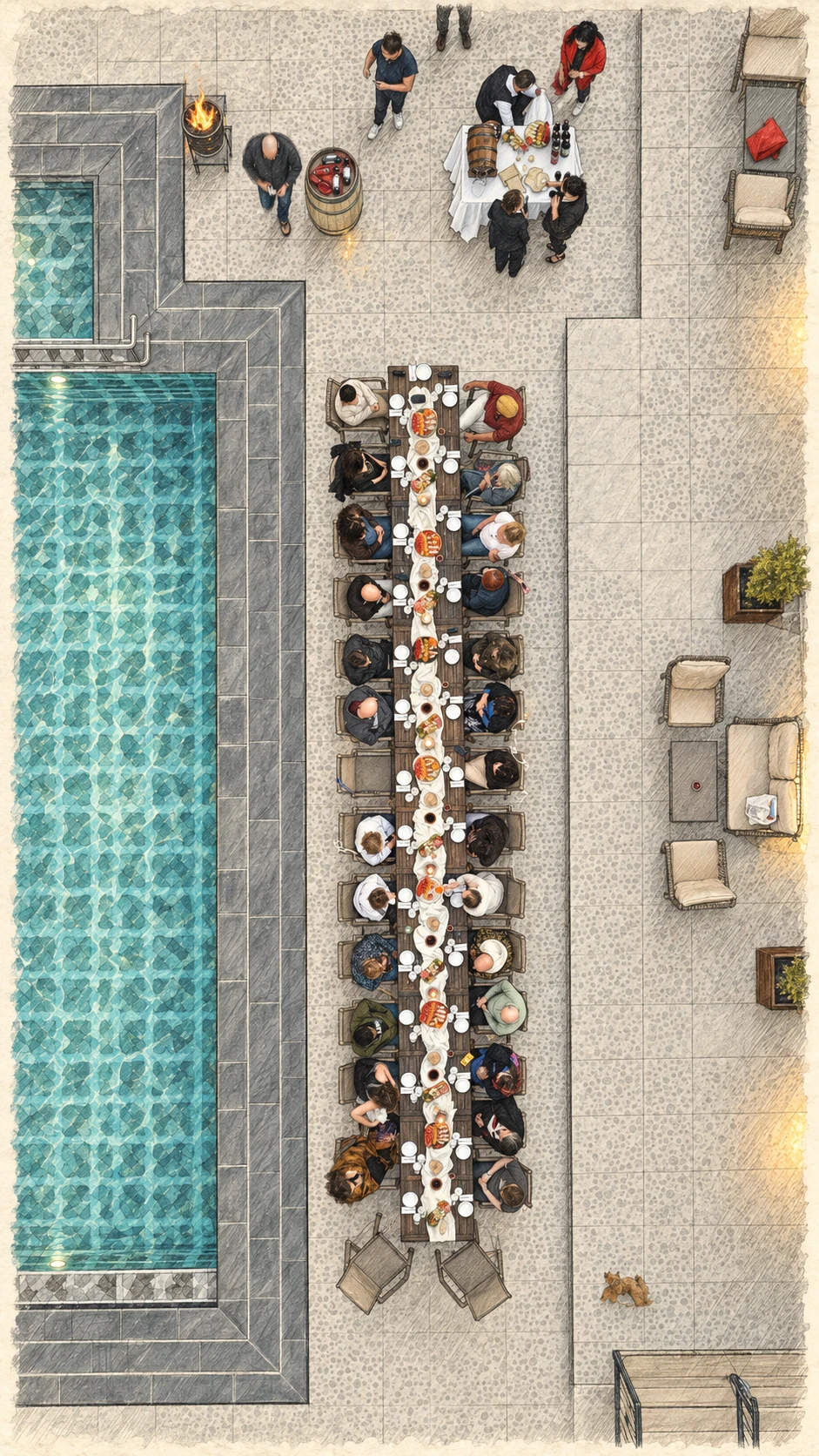 An overhead sketch of guests gathered at a long table beside the pool