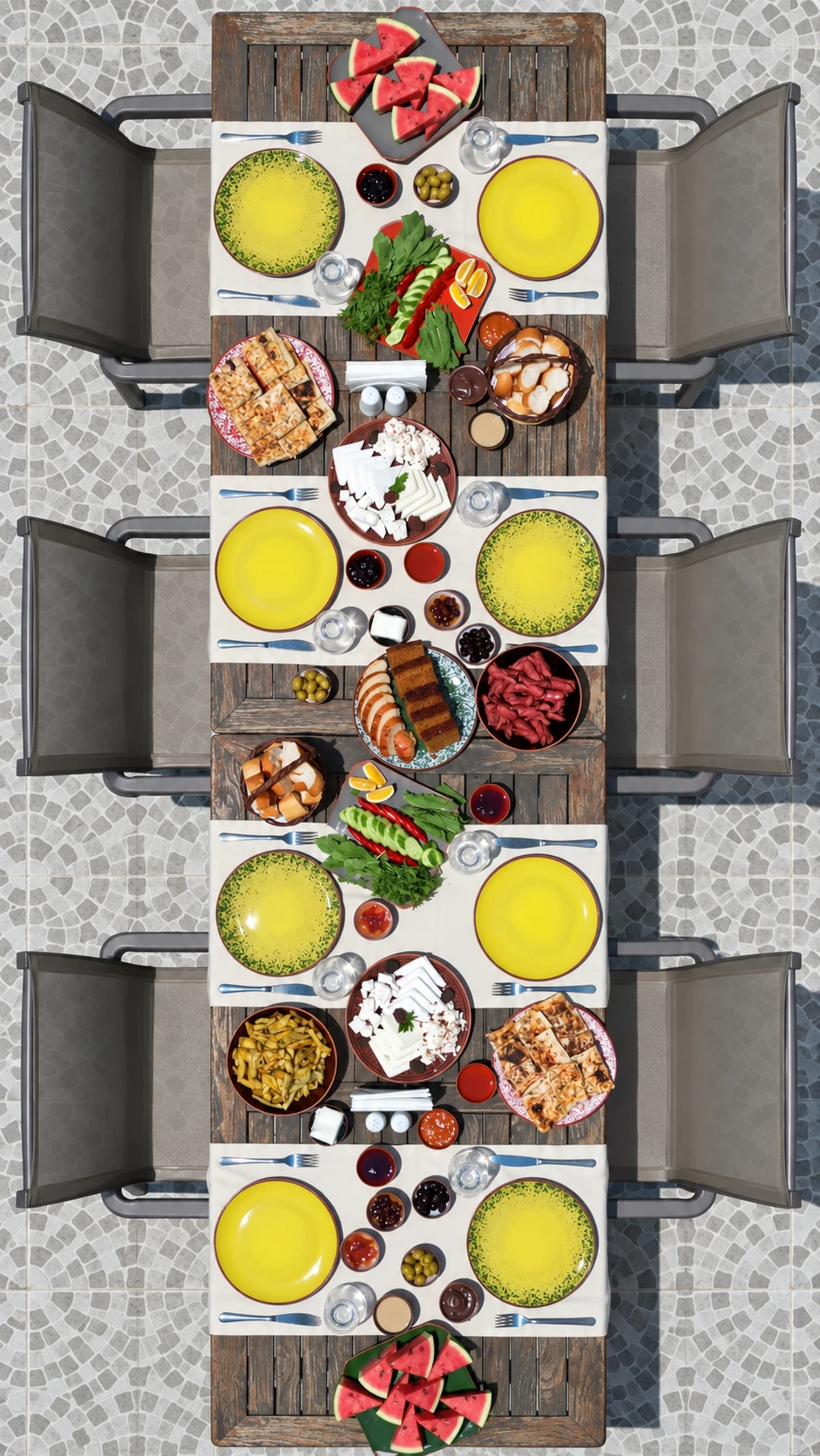 Cheese, fruit, and warm dishes at breakfast