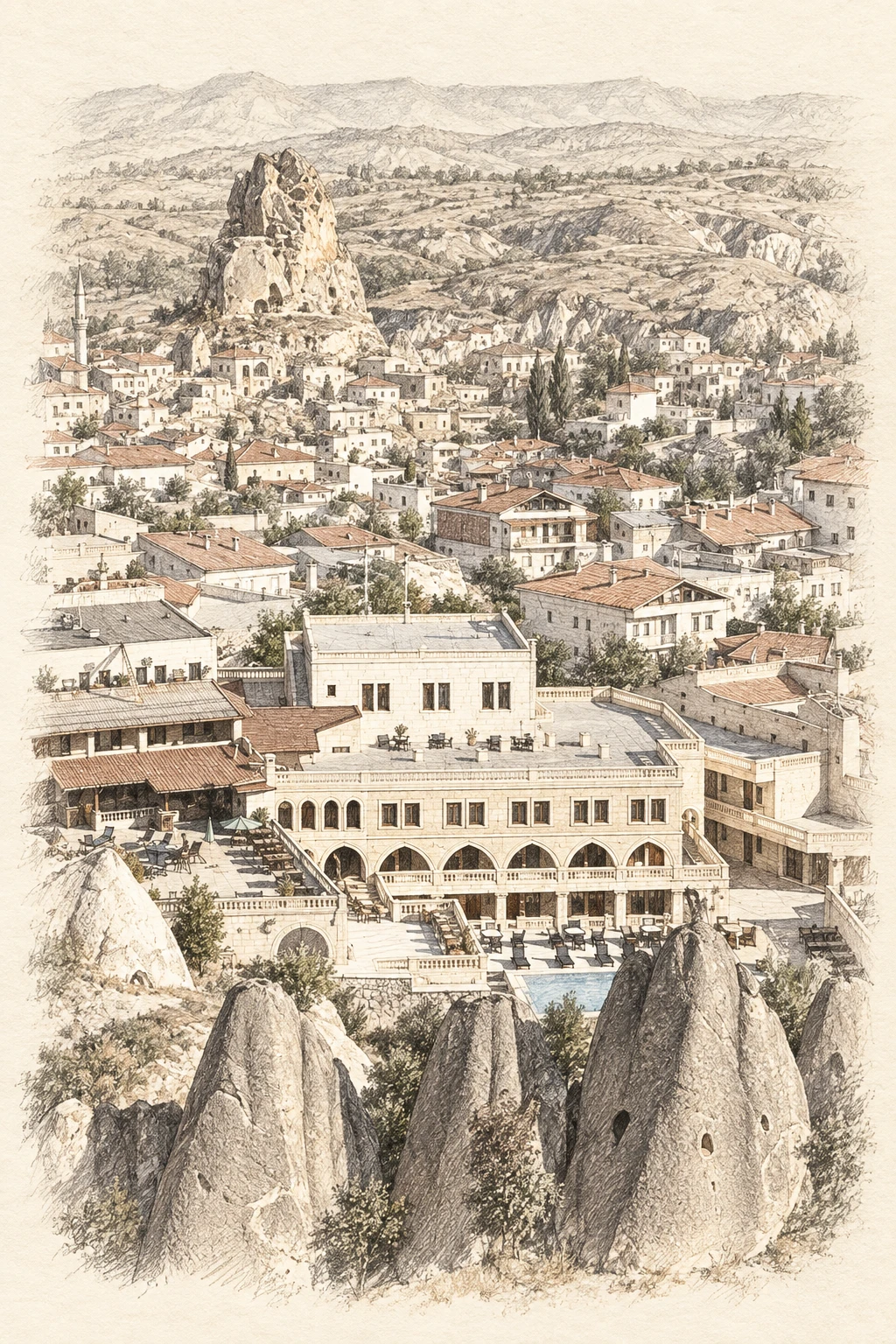 An architectural sketch of Dilek Kaya Hotel’s arches and the view of Ortahisar