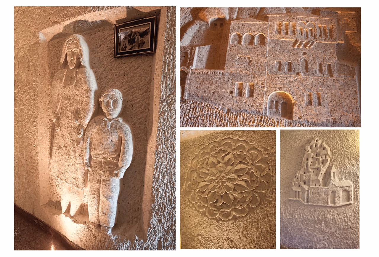 Carved stone details on the hotel walls